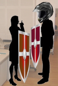 Pajzsok mögött biztonságban? pajzsok mögött fekete beszélgető alakok