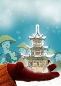 kesztyűs kéz egy kínai palotát tart