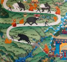 Kacskaringós ösvényen felfelé halad szerzetes, elefánt és majom 